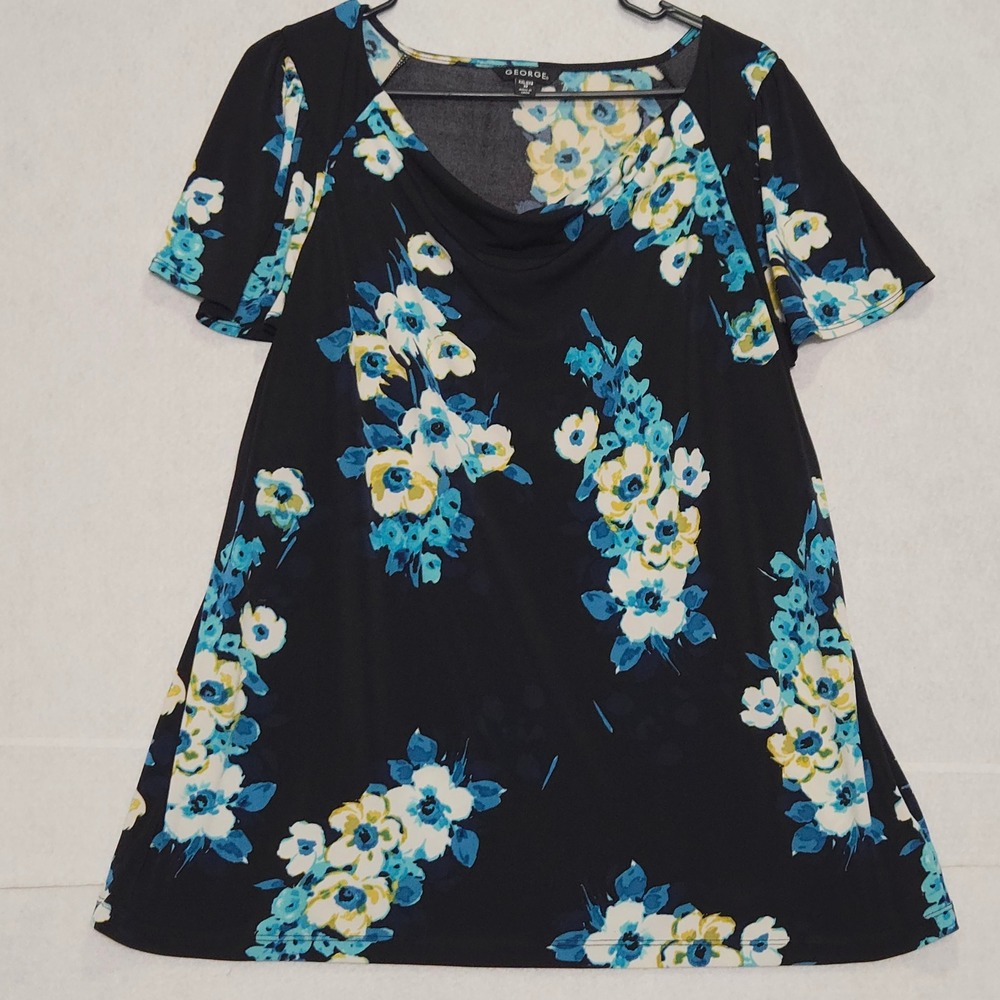 George Womens Black Floral Print  Short Sleeve Tunic Top XXL